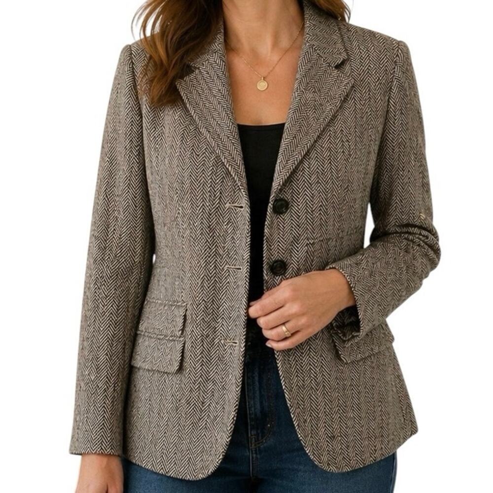 Chaps Herringbone Cream & Black‎ Button Front Blazer